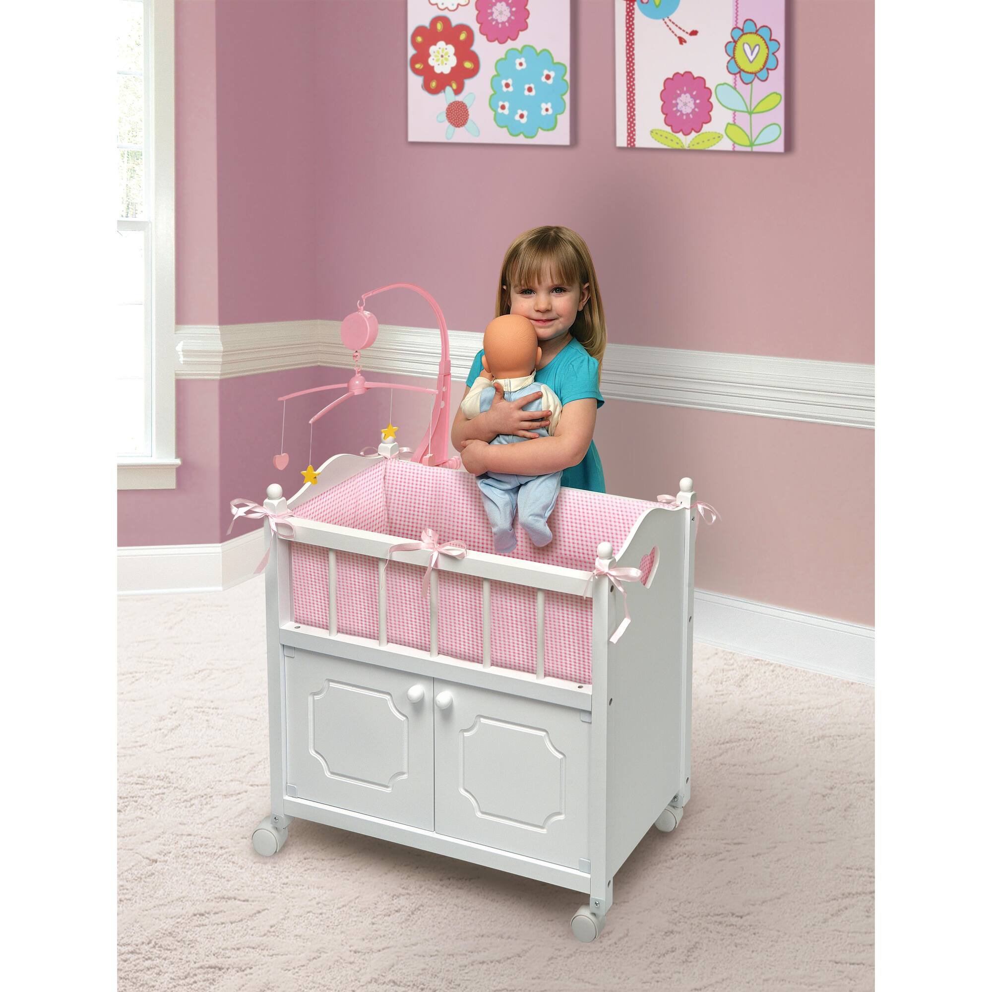 Badger Basket White & Pink Cabinet Doll Crib with Gingham Bedding